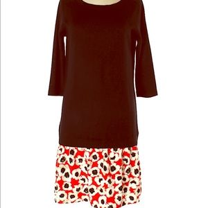 Sweater and silk layered dress w/ poppy print